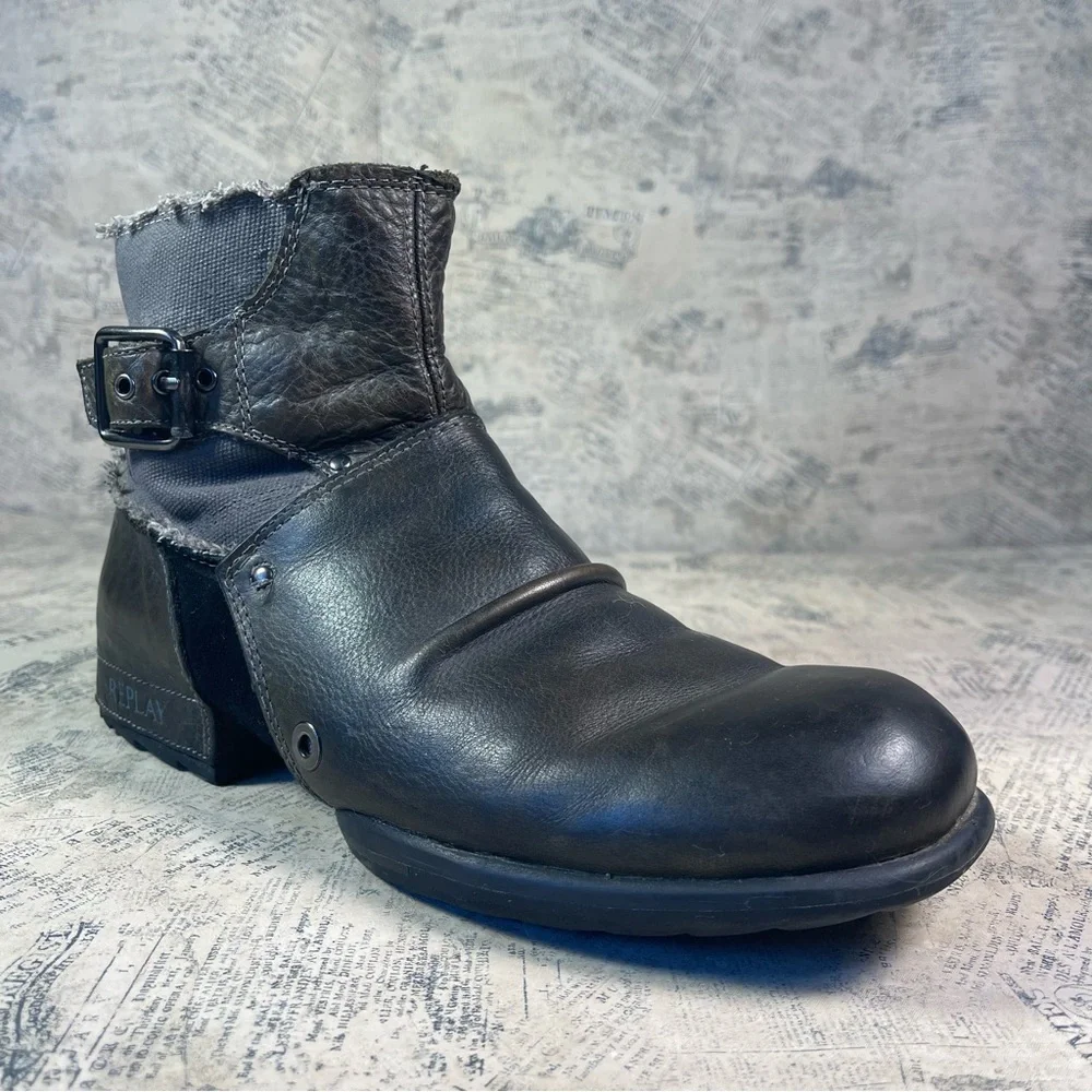 Replay Leather & Denim Deconstructed Biker Ankle Boots Zip Side Moto Boots